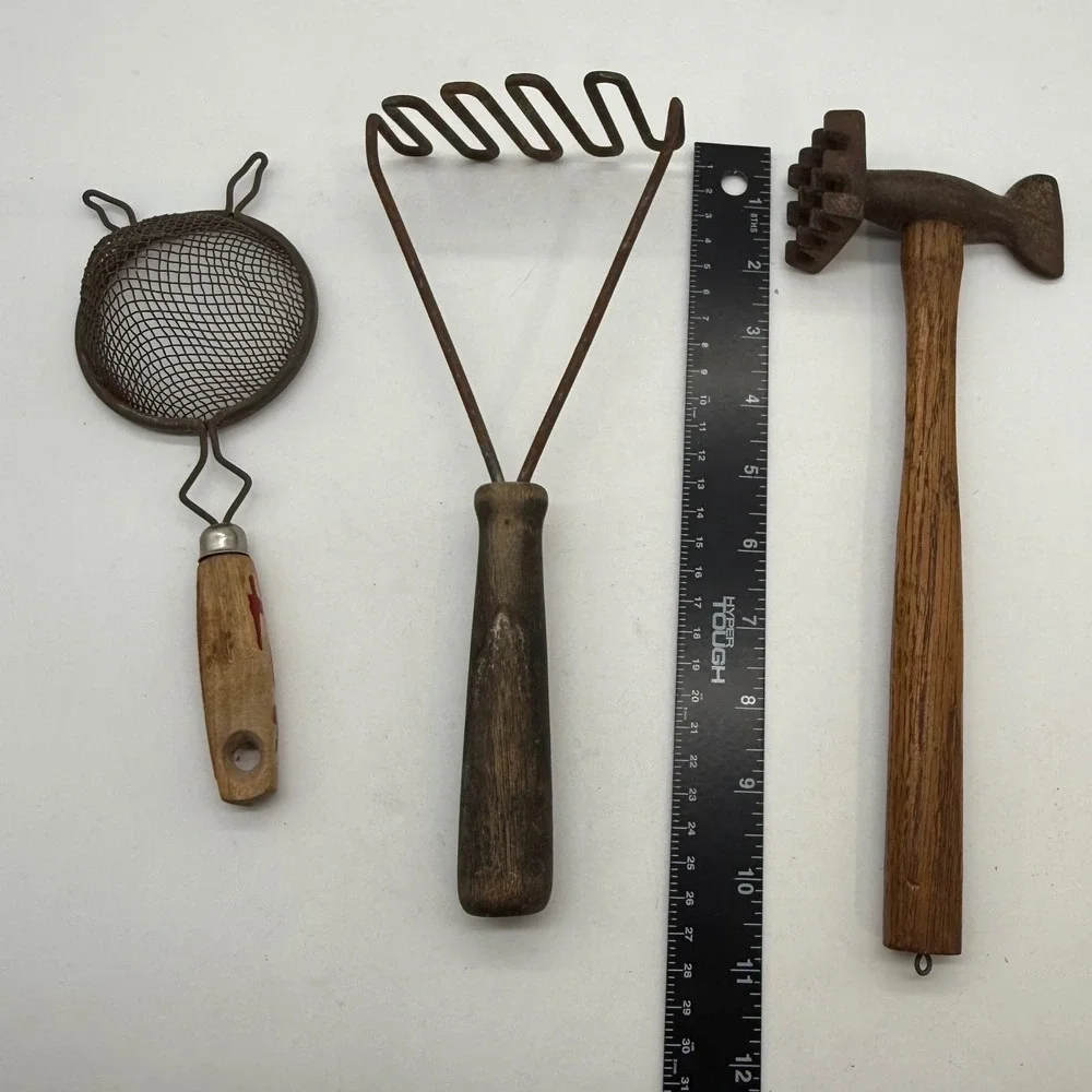Vintage Antique Primitive Kitchen Tool Lot Potato Masher Meat Mallet Strainer